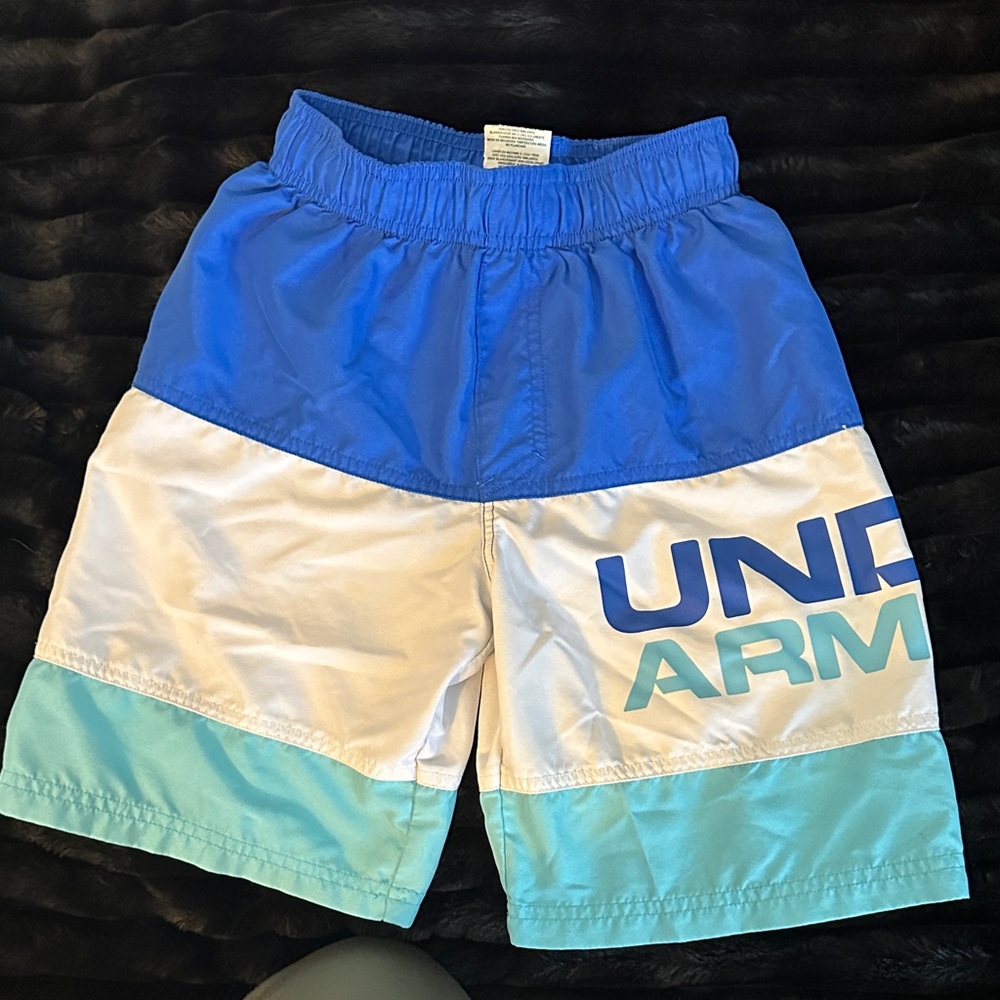 Under Armour Blue White Aqua Colorblock Boys' Swim Shorts